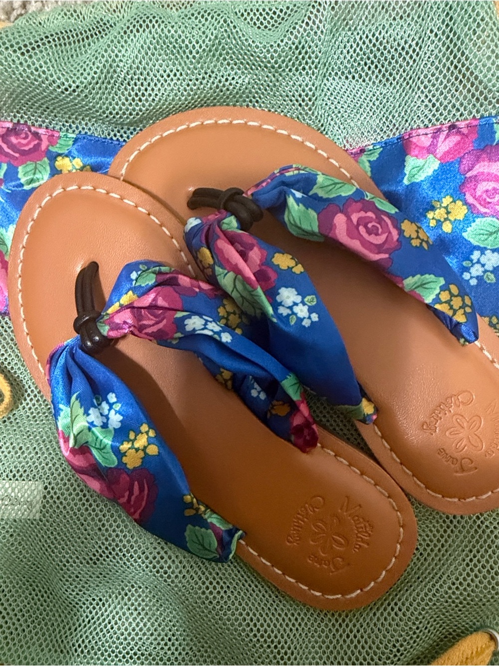 Matilda Jane sandals w/Green Mesh Drawstring Backpack with Blue Floral Panel